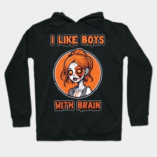 Zombie Girl Orange Pumpkin Color "I Like Boys With Brain" Cute Retro Hoodie